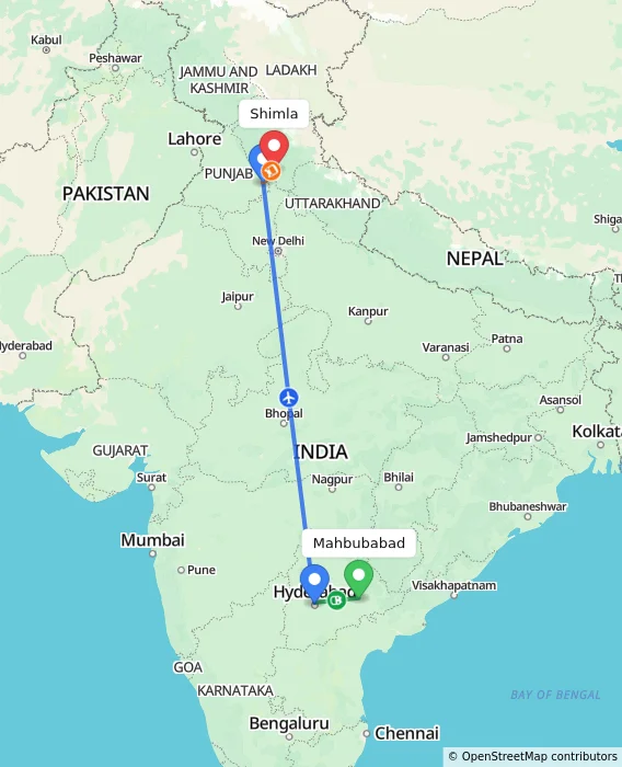Route map showing distance and travel time from Mahbubabad, India to Shimla, India