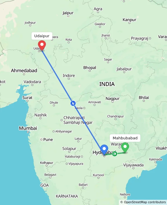 Route map showing distance and travel time from Mahbubabad, India to Udaipur, India