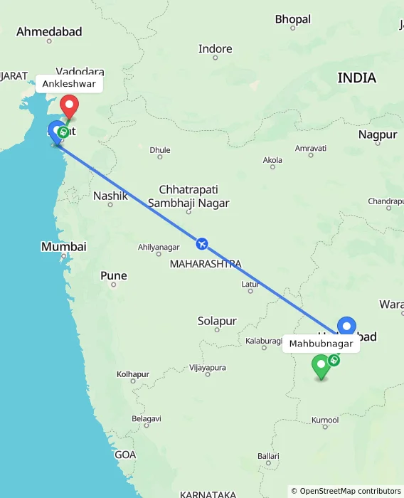 Route map showing distance and travel time from Mahbubnagar, India to Ankleshwar, India