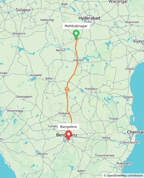 Route map showing distance and travel time from Mahbubnagar, India to Bangalore, India