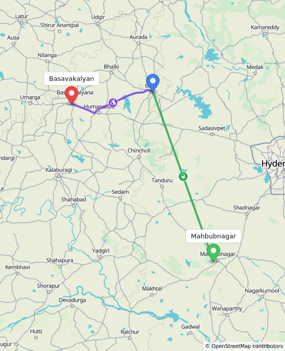 Route map showing distance and travel time from Mahbubnagar, India to Basavakalyan, India