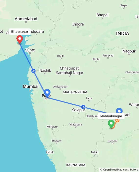 Route map showing distance and travel time from Mahbubnagar, India to Bhavnagar, India