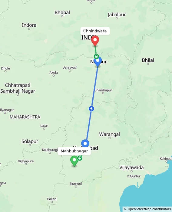 Route map showing distance and travel time from Mahbubnagar, India to Chhindwara, India
