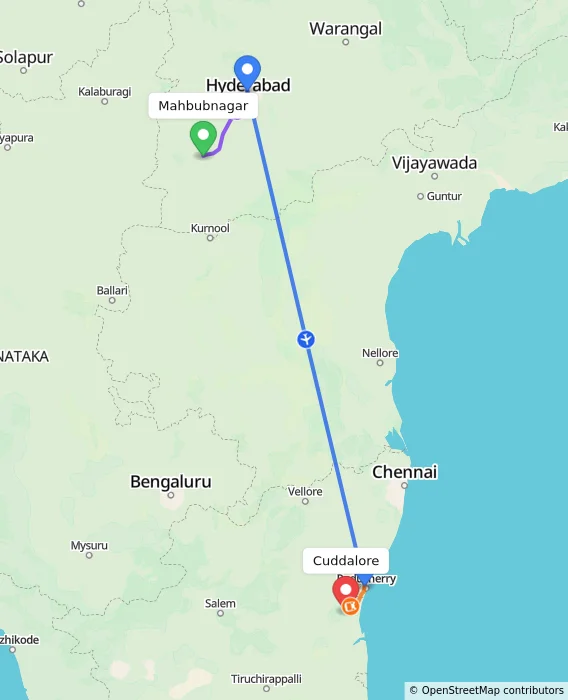 Route map showing distance and travel time from Mahbubnagar, India to Cuddalore, India