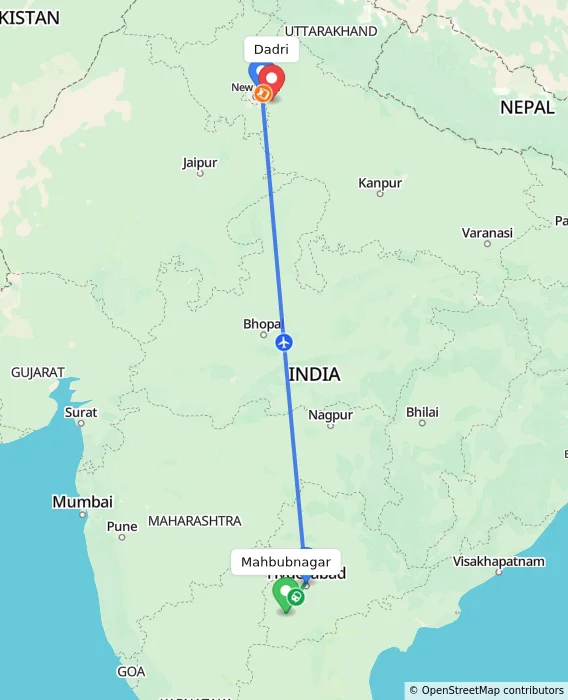 Route map showing distance and travel time from Mahbubnagar, India to Dadri, India