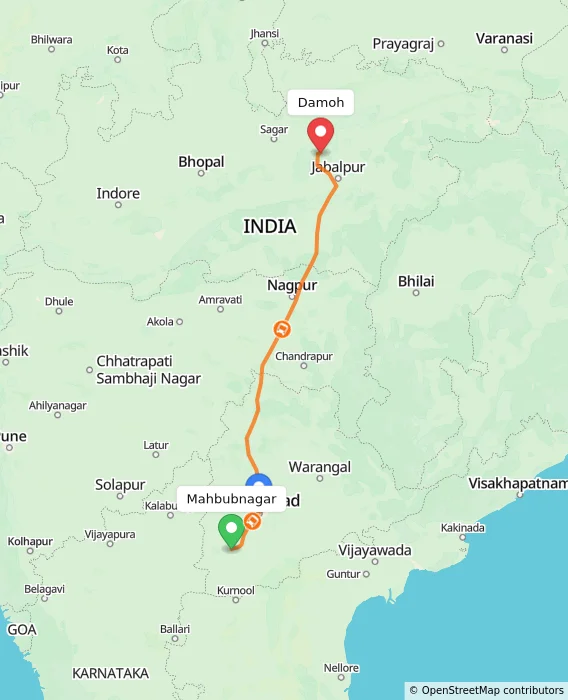 Route map showing distance and travel time from Mahbubnagar, India to Damoh, India