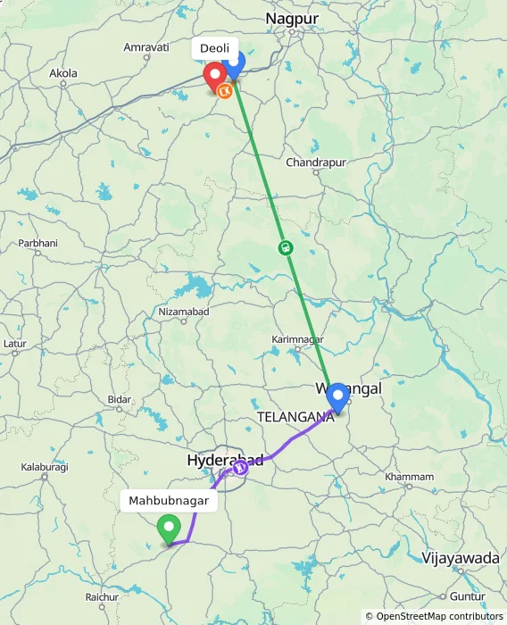 Route map showing distance and travel time from Mahbubnagar, India to Deoli, India