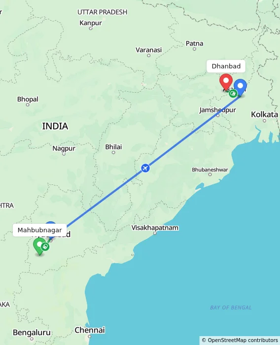 Route map showing distance and travel time from Mahbubnagar, India to Dhanbad, India