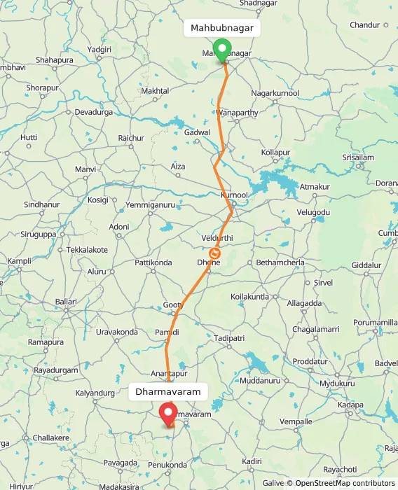 Route map showing distance and travel time from Mahbubnagar, India to Dharmavaram, India