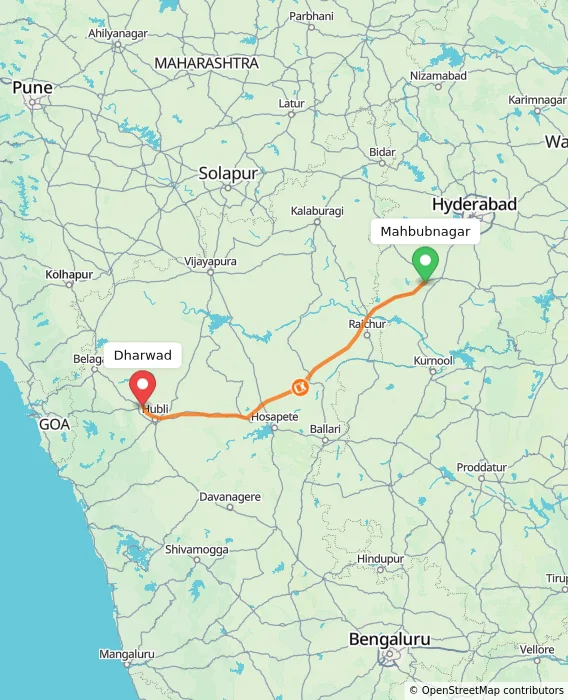 Route map showing distance and travel time from Mahbubnagar, India to Dharwad, India