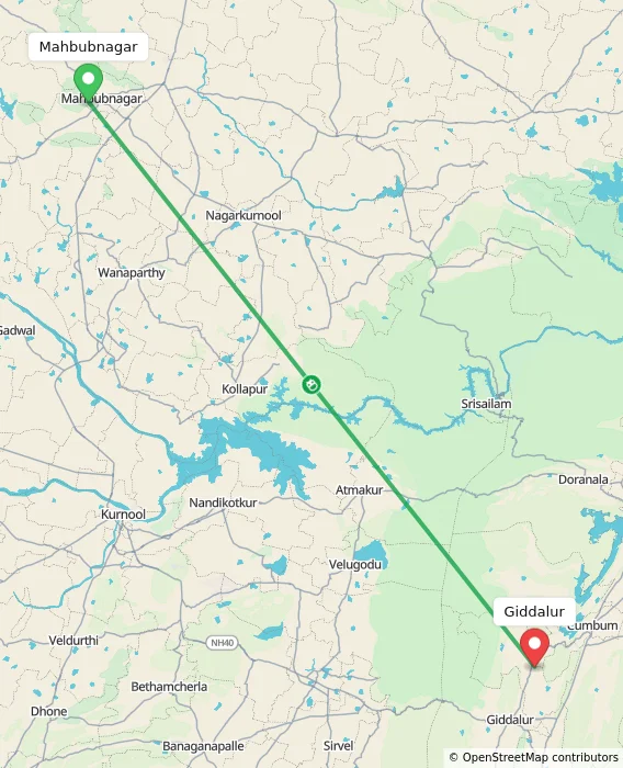 Route map showing distance and travel time from Mahbubnagar, India to Giddalur, India
