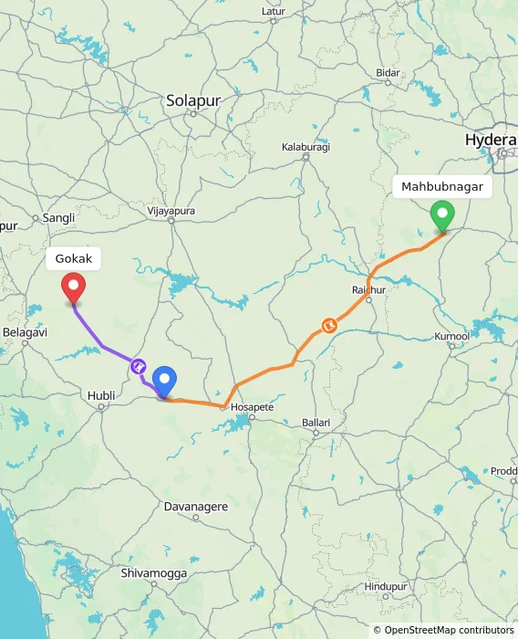 Route map showing distance and travel time from Mahbubnagar, India to Gokak, India