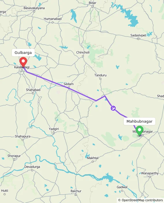 Route map showing distance and travel time from Mahbubnagar, India to Gulbarga, India