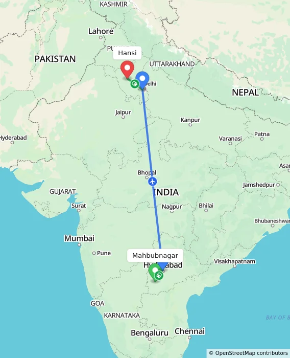 Route map showing distance and travel time from Mahbubnagar, India to Hansi, India