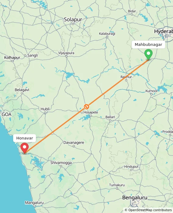 Route map showing distance and travel time from Mahbubnagar, India to Honavar, India