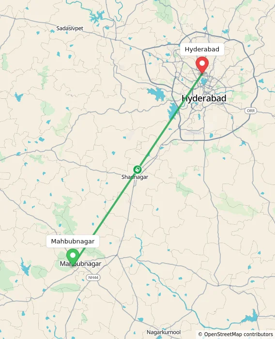 Route map showing distance and travel time from Mahbubnagar, India to Hyderabad, India