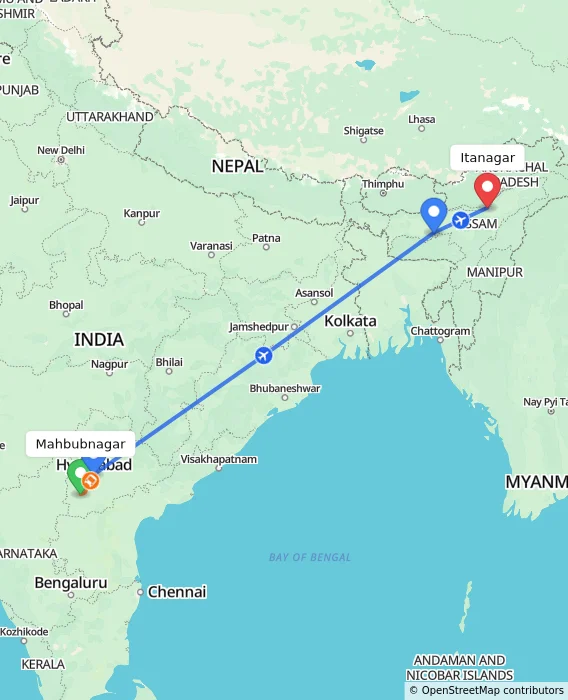 Route map showing distance and travel time from Mahbubnagar, India to Itanagar, India