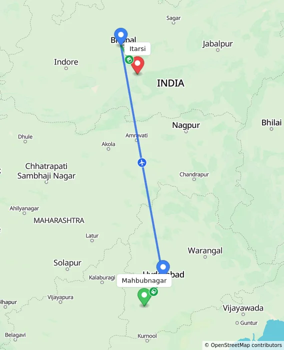 Route map showing distance and travel time from Mahbubnagar, India to Itarsi, India