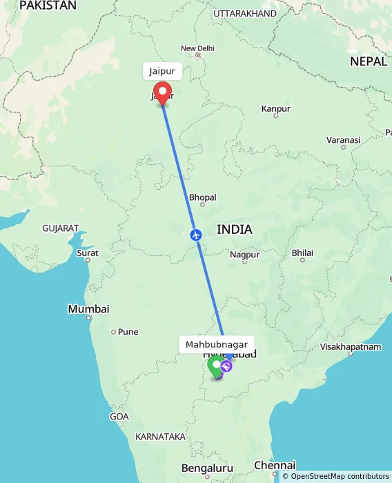 Route map showing distance and travel time from Mahbubnagar, India to Jaipur, India