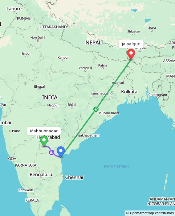 Route map showing distance and travel time from Mahbubnagar, India to Jalpaiguri, India