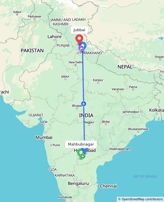 Route map showing distance and travel time from Mahbubnagar, India to Jubbal, India