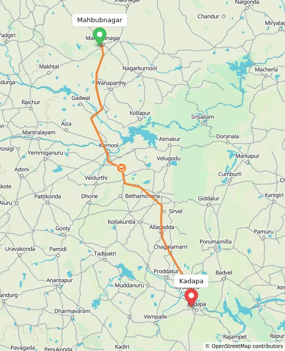 Route map showing distance and travel time from Mahbubnagar, India to Kadapa, India