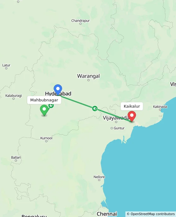 Route map showing distance and travel time from Mahbubnagar, India to Kaikalur, India