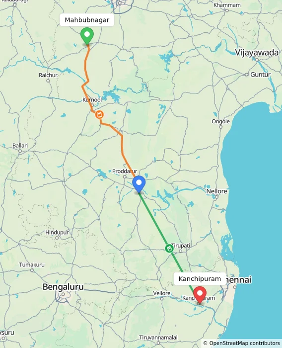 Route map showing distance and travel time from Mahbubnagar, India to Kanchipuram, India