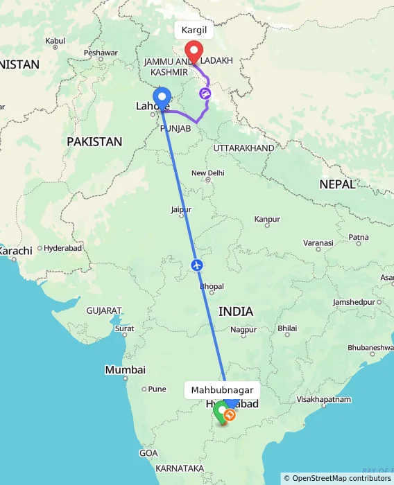 Route map showing distance and travel time from Mahbubnagar, India to Kargil, India