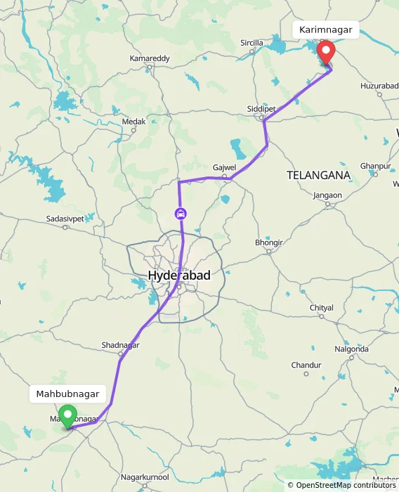 Route map showing distance and travel time from Mahbubnagar, India to Karimnagar, India