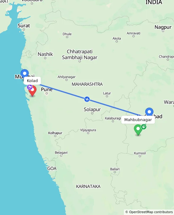 Route map showing distance and travel time from Mahbubnagar, India to Kolad, India