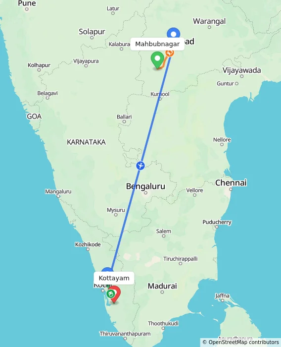 Route map showing distance and travel time from Mahbubnagar, India to Kottayam, India