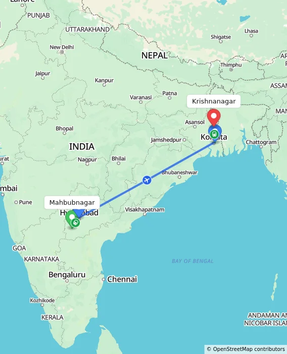 Route map showing distance and travel time from Mahbubnagar, India to Krishnanagar, India