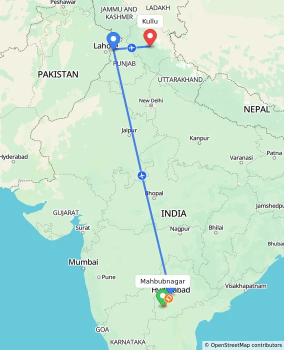 Route map showing distance and travel time from Mahbubnagar, India to Kullu, India