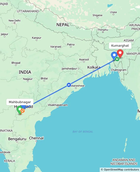 Route map showing distance and travel time from Mahbubnagar, India to Kumarghat, India
