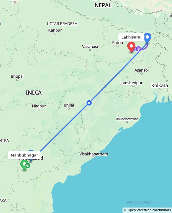 Route map showing distance and travel time from Mahbubnagar, India to Lakhisarai, India