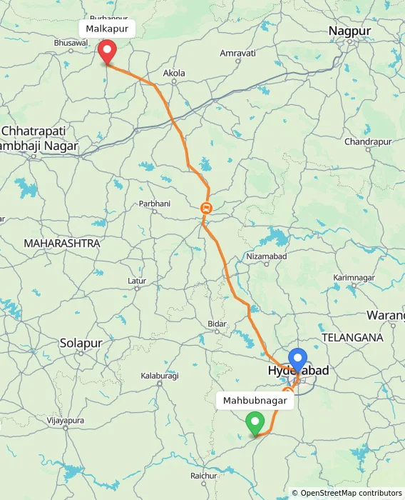 Route map showing distance and travel time from Mahbubnagar, India to Malkapur, India