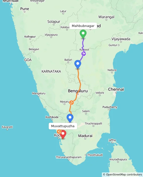 Route map showing distance and travel time from Mahbubnagar, India to Muvattupuzha, India