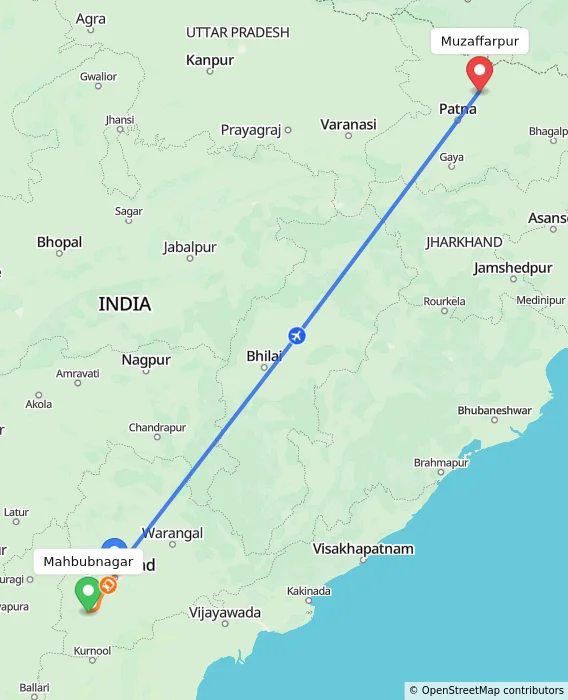 Route map showing distance and travel time from Mahbubnagar, India to Muzaffarpur, India