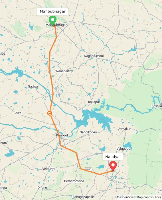 Route map showing distance and travel time from Mahbubnagar, India to Nandyal, India