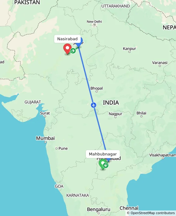 Route map showing distance and travel time from Mahbubnagar, India to Nasirabad, India