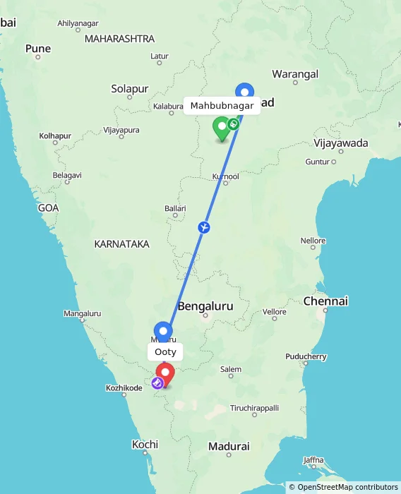 Route map showing distance and travel time from Mahbubnagar, India to Ooty, India