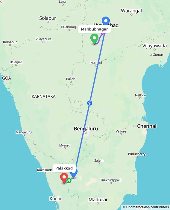 Route map showing distance and travel time from Mahbubnagar, India to Palakkad, India