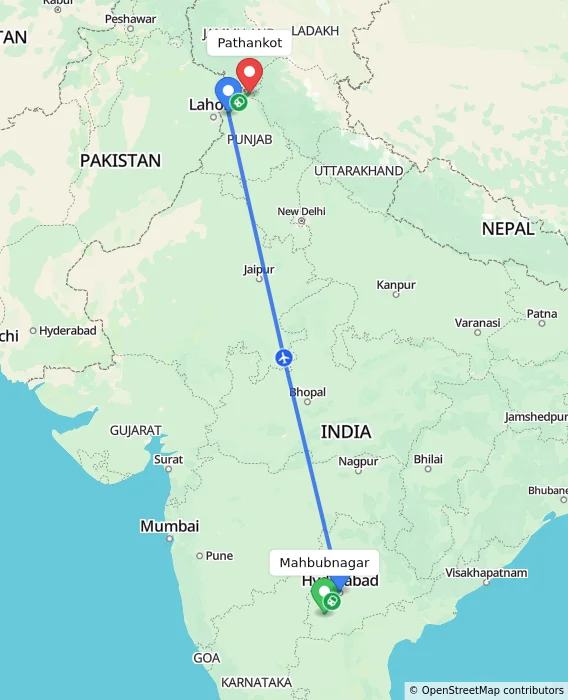 Route map showing distance and travel time from Mahbubnagar, India to Pathankot, India