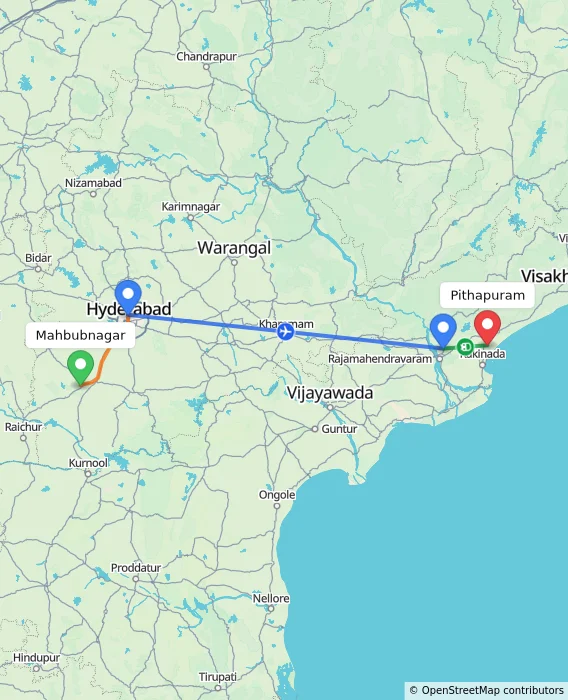 Route map showing distance and travel time from Mahbubnagar, India to Pithapuram, India