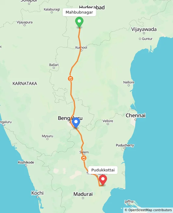 Route map showing distance and travel time from Mahbubnagar, India to Pudukkottai, India