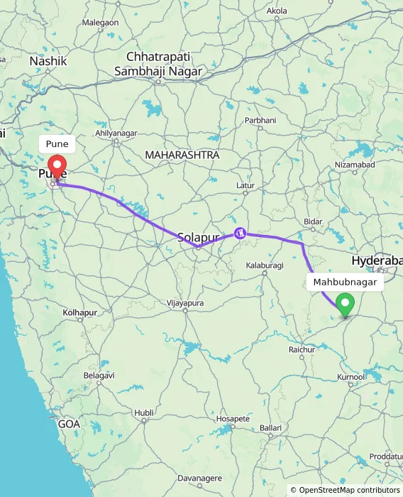 Route map showing distance and travel time from Mahbubnagar, India to Pune, India