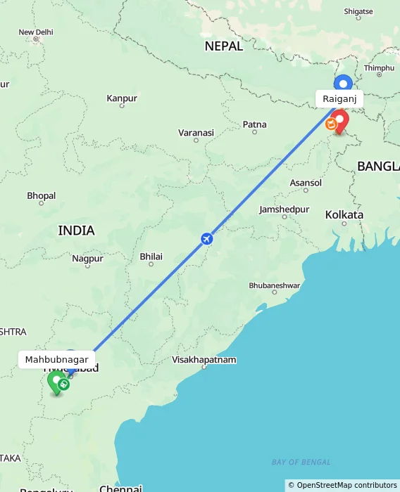 Route map showing distance and travel time from Mahbubnagar, India to Raiganj, India