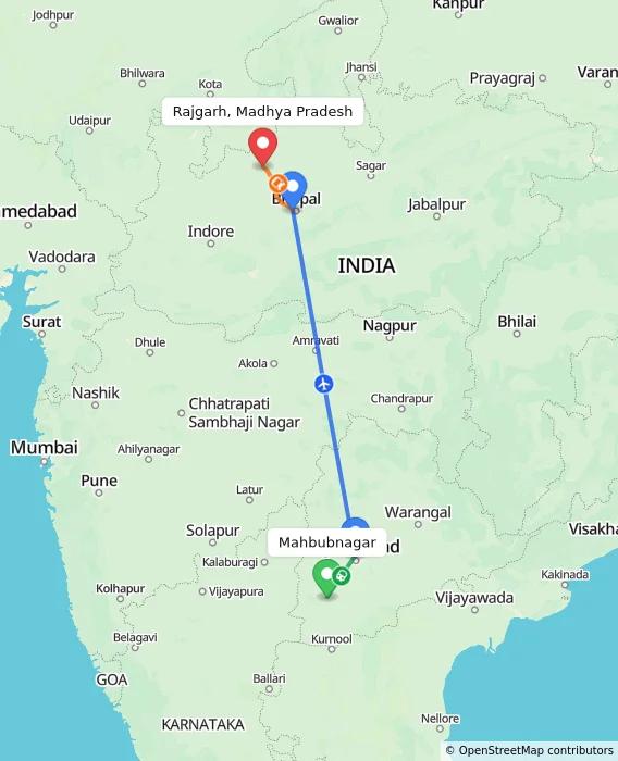 Route map showing distance and travel time from Mahbubnagar, India to Rajgarh, Madhya Pradesh, India