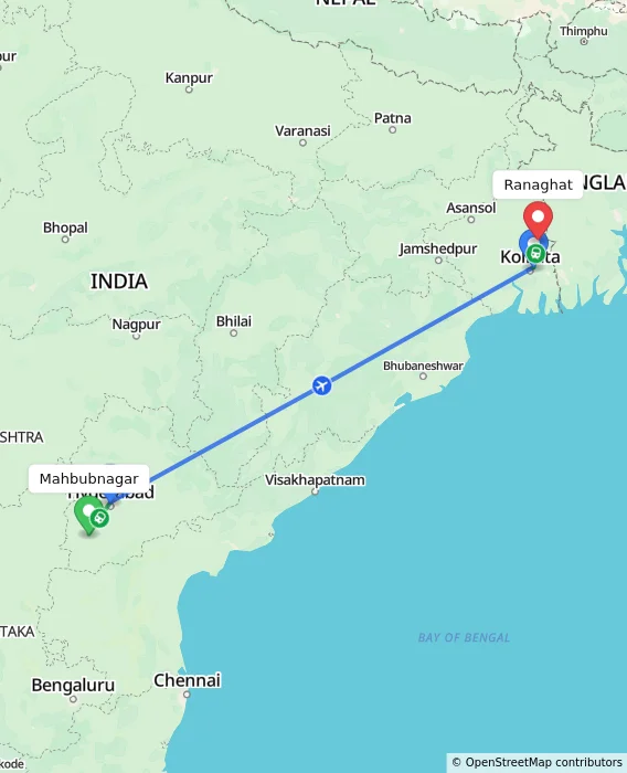 Route map showing distance and travel time from Mahbubnagar, India to Ranaghat, India